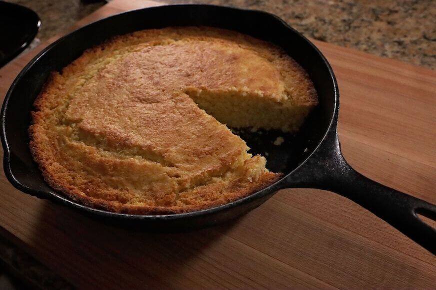 Cast iron skillet with cornbread.